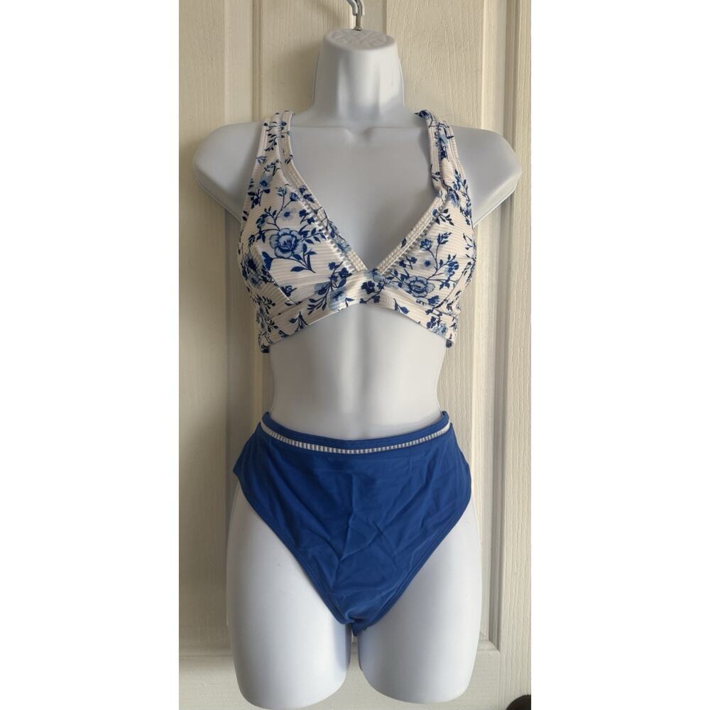 Cupshe Bikini Size Large Blue White Floral Ribbed Halter High Waist Bottoms NWT
